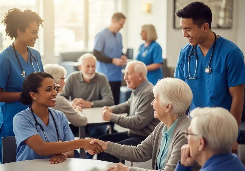 Diverse seniors and healthcare workers connecting in a community setting