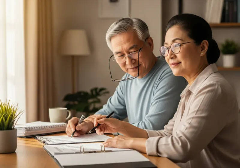Senior couple filling out Medicare enrollment paperwork together