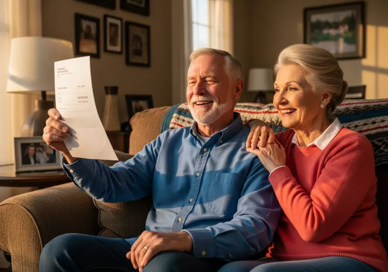 Senior couple happily reviewing their savings at home