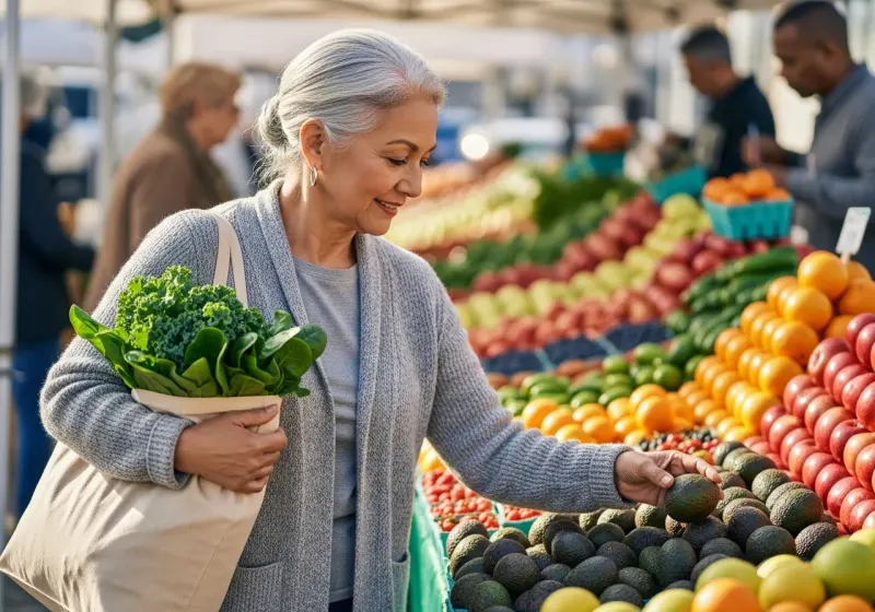 Senior woman selecting fresh produce at grocery store