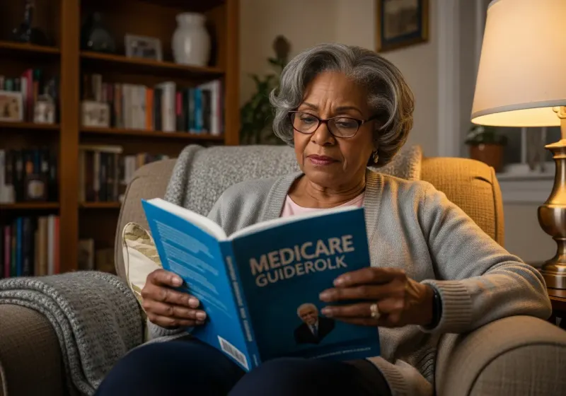 Senior woman reading a Medicare guidebook in her living room