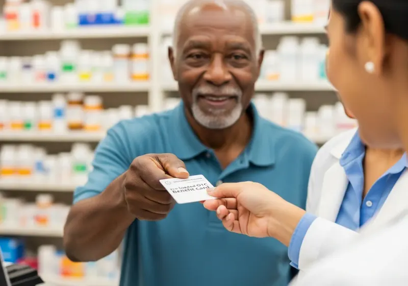 Senior using Medicare OTC benefit card at pharmacy counter