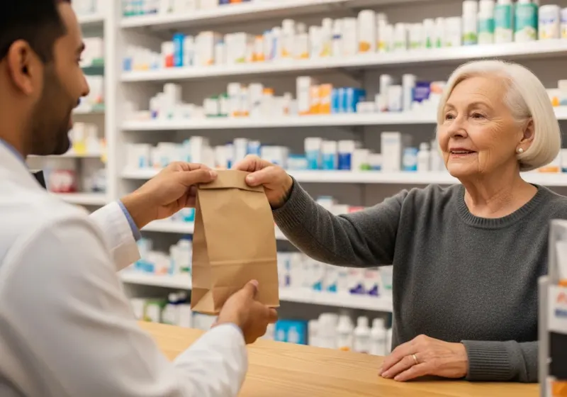 Senior picking up prescription medication at pharmacy